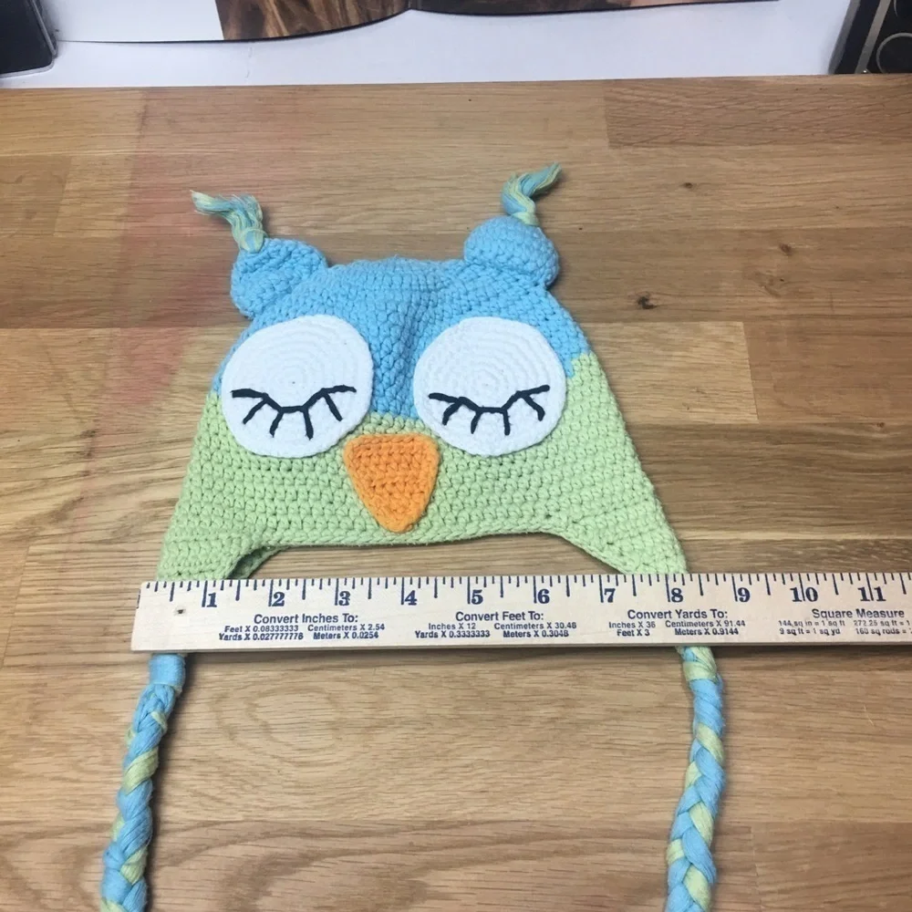 Handmade Kids Crochet Sleepy Owl Earflap Hat Blue Green Braided Tassels